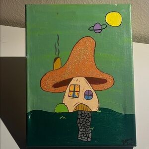 Whimsical Mushroom House Art on Canvas- Handmade